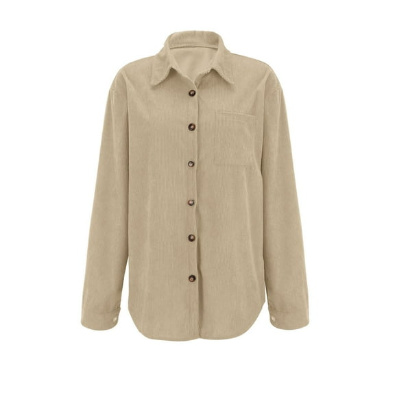 Corduroy Shirt Women, Yigetop Womens Daily Collared Long Sleeve Casual Shirts V Neck Button Down Oversized Blouses Tops with Pockets Corduroy Shacket Women, Beige, 2XL
