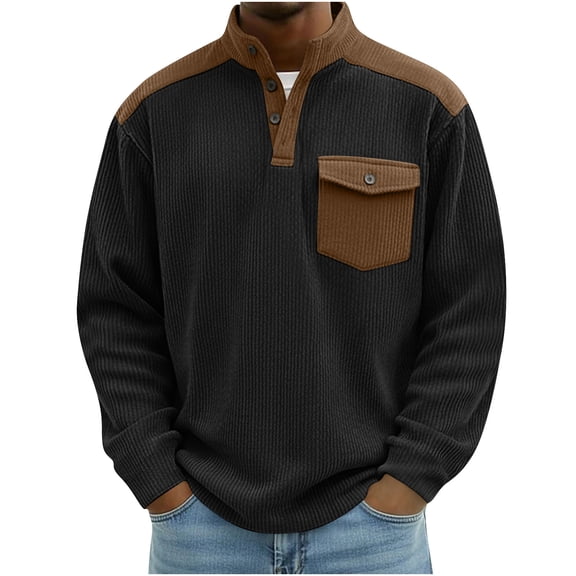 Corduroy Shirts Men Casual Stand Collar V-Neck Long Sleeve Pullover Tops Patchwork Vintage Business Casual Blouse Men Knitted Tops Black XL