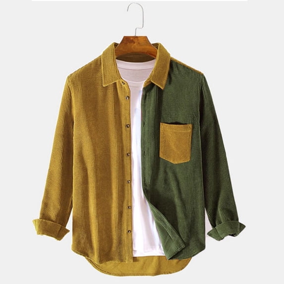 Corduroy-Shirts for Men with Pocket and Collar Long Sleeve Button-Down Tshirts Shirt Mens Trendy Color-Block Soft Casual Lapel T-Shirts Tops