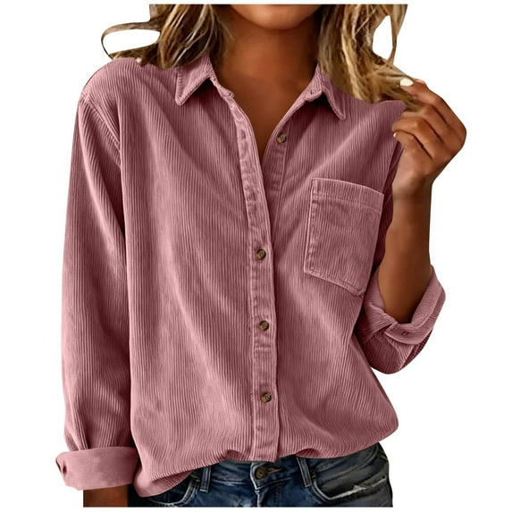 Womens Corduroy Shirts Button Up Shacket Cardigans with Pocket Lapel Neck Long Sleeve Dressy Casual Blouses (L, Pink)