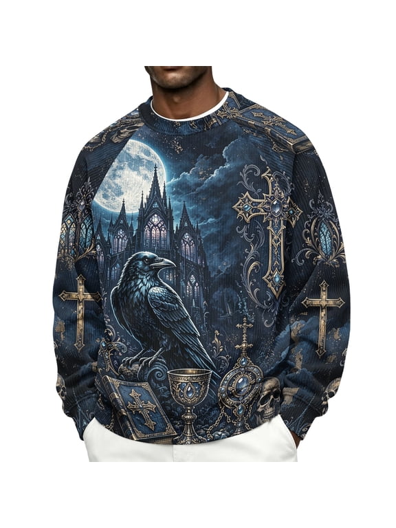 Corduroy Shirts for Men Halloween Printed Raglan Long Sleeve Pumpkin Ghost Witch Creepy Holiday Costume Tops Blue 3XL