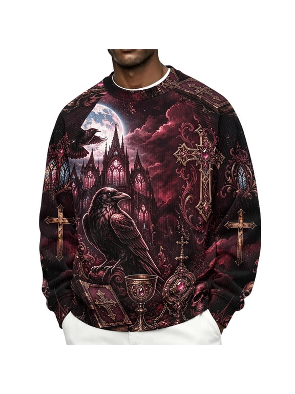 Corduroy Shirts for Men Halloween Printed Raglan Long Sleeve Pumpkin Ghost Witch Creepy Holiday Costume Tops Red S
