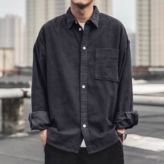 Corduroy-Shirts for Men with Pocket Long Sleeve Button-Down Collared Shackets Shirt Mens Casual Solid Color Comfortable Office Work Tshirts Tops