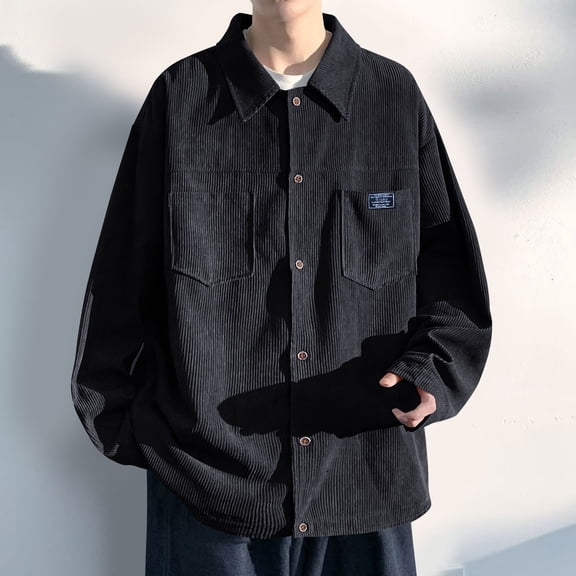 Corduroy-Shirts for Men with Pockets Long Sleeve Button-Down Collared Shackets Mens Casual Solid Color Slim Lapel Office Work Outerwear Shirt
