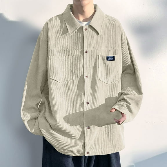 Corduroy-Shirts for Men with Pockets Long Sleeve Button-Down Collared Shackets Mens Casual Solid Color Slim Lapel Office Work Outerwear Shirt