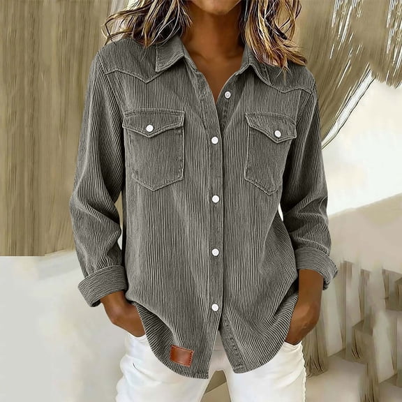 Corduroy Shirts for Women Lightweight Cardigan Long Sleeve Button Down Collared Work Office Blouse with Multi-Pockets for Hiking