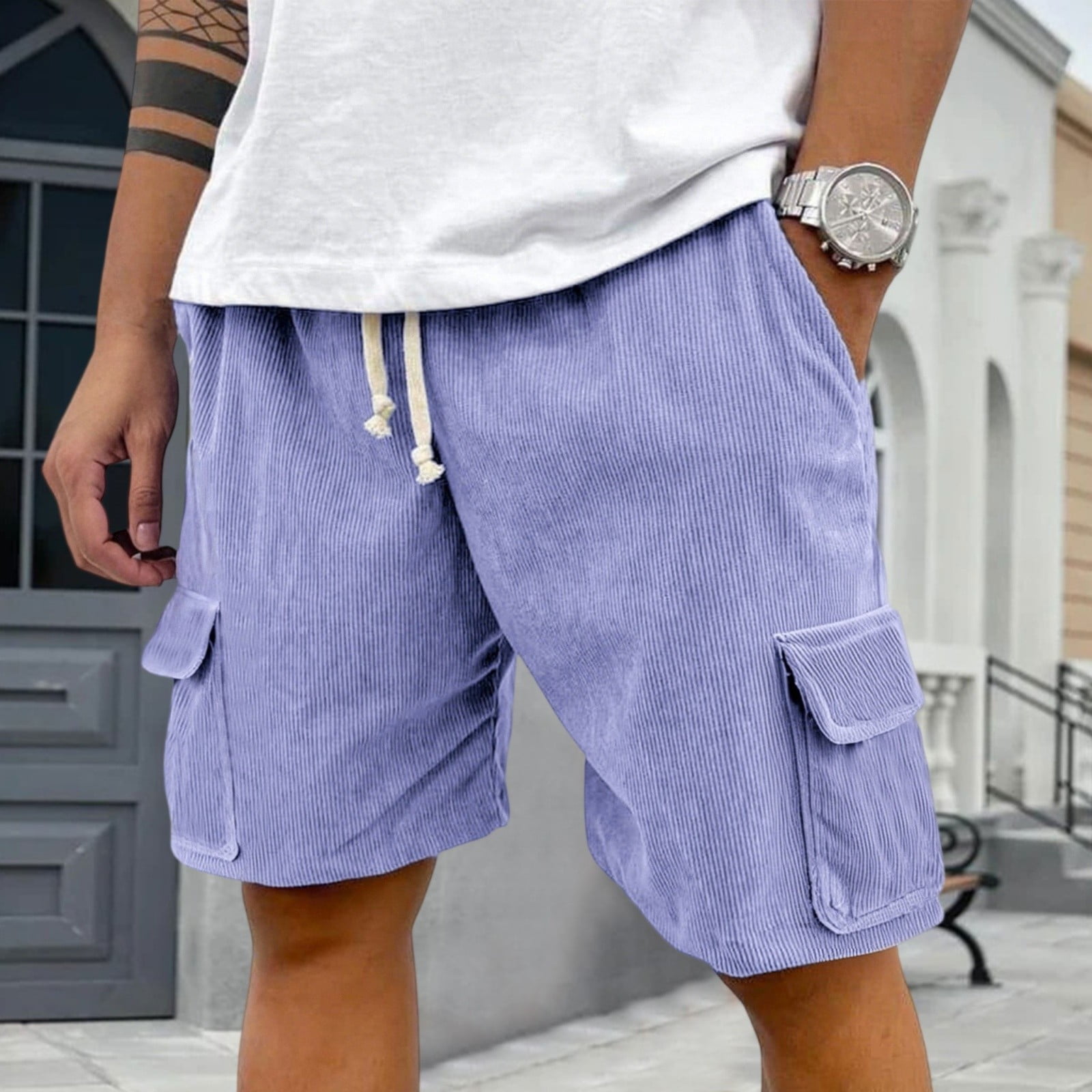 Corduroy Shorts Men with Pockets Drawstring Elastic Waist Lightweight ...