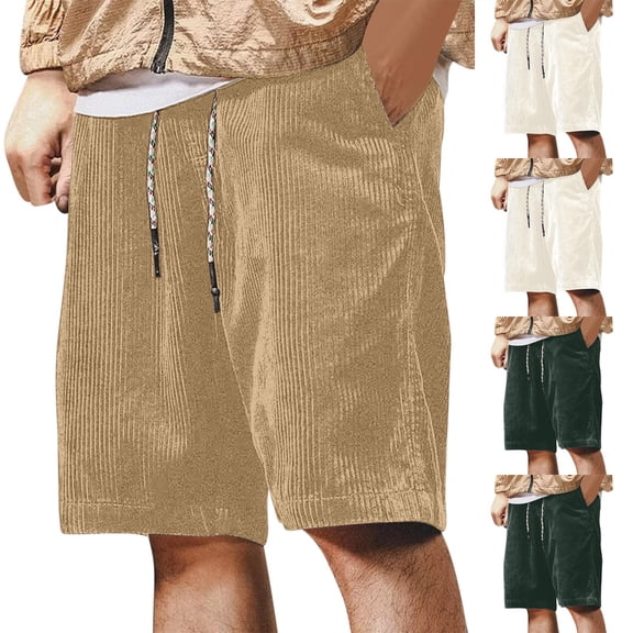 Corduroy Shorts for Men Casual Elastic Waist Drawstring Bermuda Shorts with Pockets, 3XL