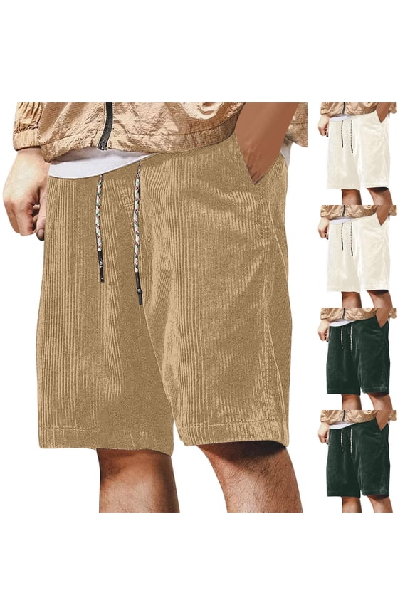 Corduroy Shorts for Men Casual Elastic Waist Drawstring Bermuda Shorts with Pockets, M