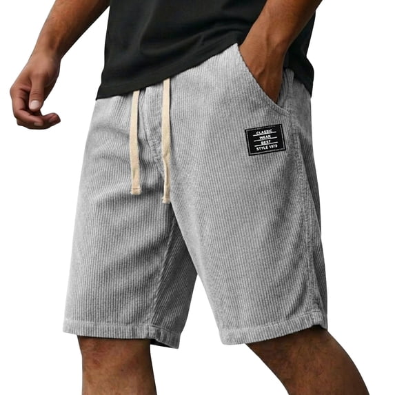 Corduroy Shorts for Men Drawstring Elastic Waist Embroidered Logo Beach Shorts with Pockets Vacation Outfits