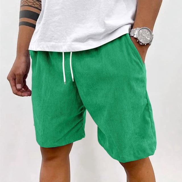 Corduroy Shorts for Men Elastic Waistband Lightweight Shorts Vintage Embroidered Logo Shorts with Pockets