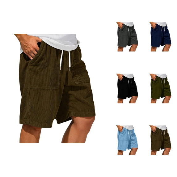 Corduroy Shorts for Men Summer Casual Elastic Waist Wide Straight Leg Lightweight Beach Shorts with Pockets