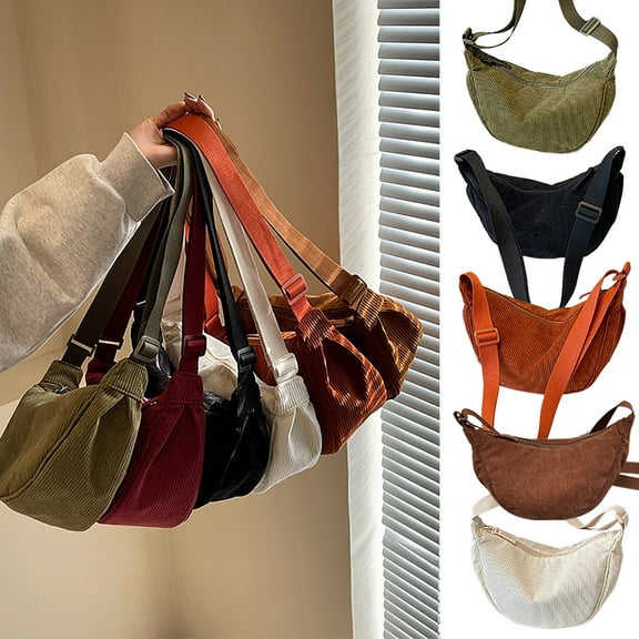 Corduroy Shoulder Bag Large Capacity Crossbody | Minimalist Slouchy Half Moon Purse | Adjustable Strap | 30x10x17cm | Multiple Pockets | Lightweight Casual Tote | Versatile Nylon Handbag