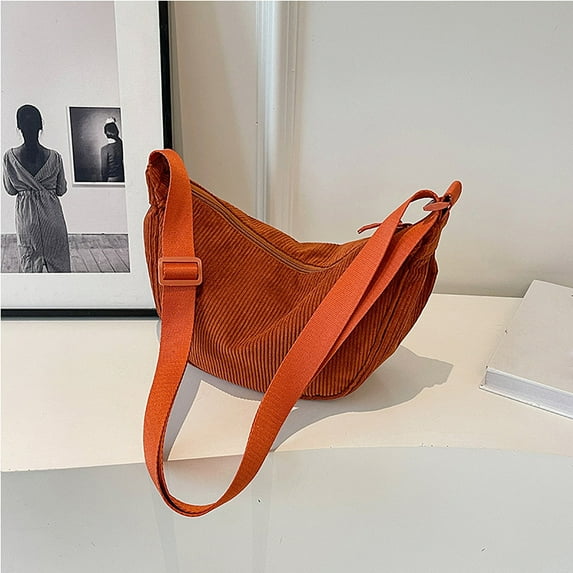 Corduroy Shoulder Bag | Large Crossbody Halfmoon Bag | Minimalist Slouchy Design | Multiple Zipper Pockets | Adjustable Strap | 30x10x17cm | Versatile Cloth Purse | Includes 1 Bag