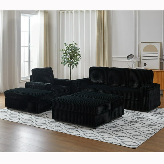Corduroy Single Recline with 3-Seater Sofa, Cup-Holding Grooves Comfy Sofa, Deep Seat Couch for Living Room (Black)
