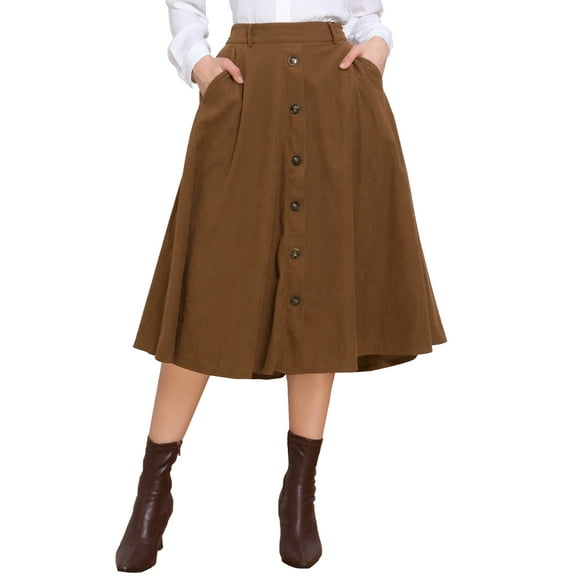 Corduroy Skirt for Women Button Front High Waist Vintage Stretch A-Line Flared Casual Midi Skirts with Pockets XS Dark Brown