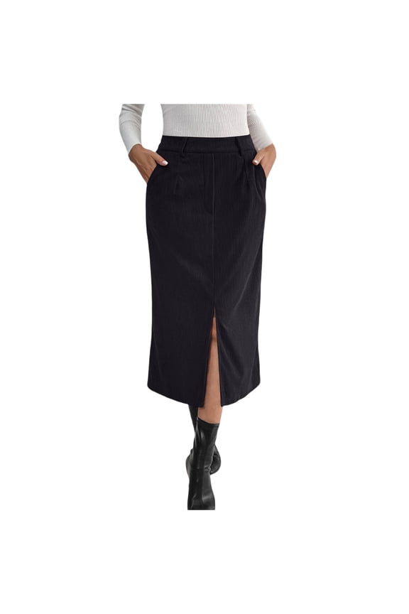 Livrdious Corduroy Skirt for Women Casual Pencil Skirt Lightweight Breathable High Waisted Mid-Length Skirt with Slit Elegant Work Office Skirts