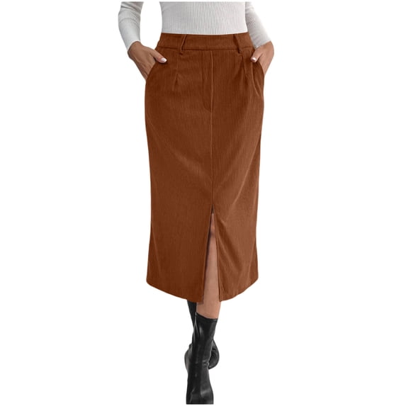 Livrdious Corduroy Skirt for Women Casual Pencil Skirt Lightweight Breathable High Waisted Mid-Length Skirt with Slit Elegant Work Office Skirts