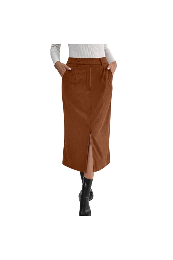 Corduroy Skirt for Women Casual Pencil Skirt High Waisted Mid-Length Skirt with Slit Elegant Work Office Skirts