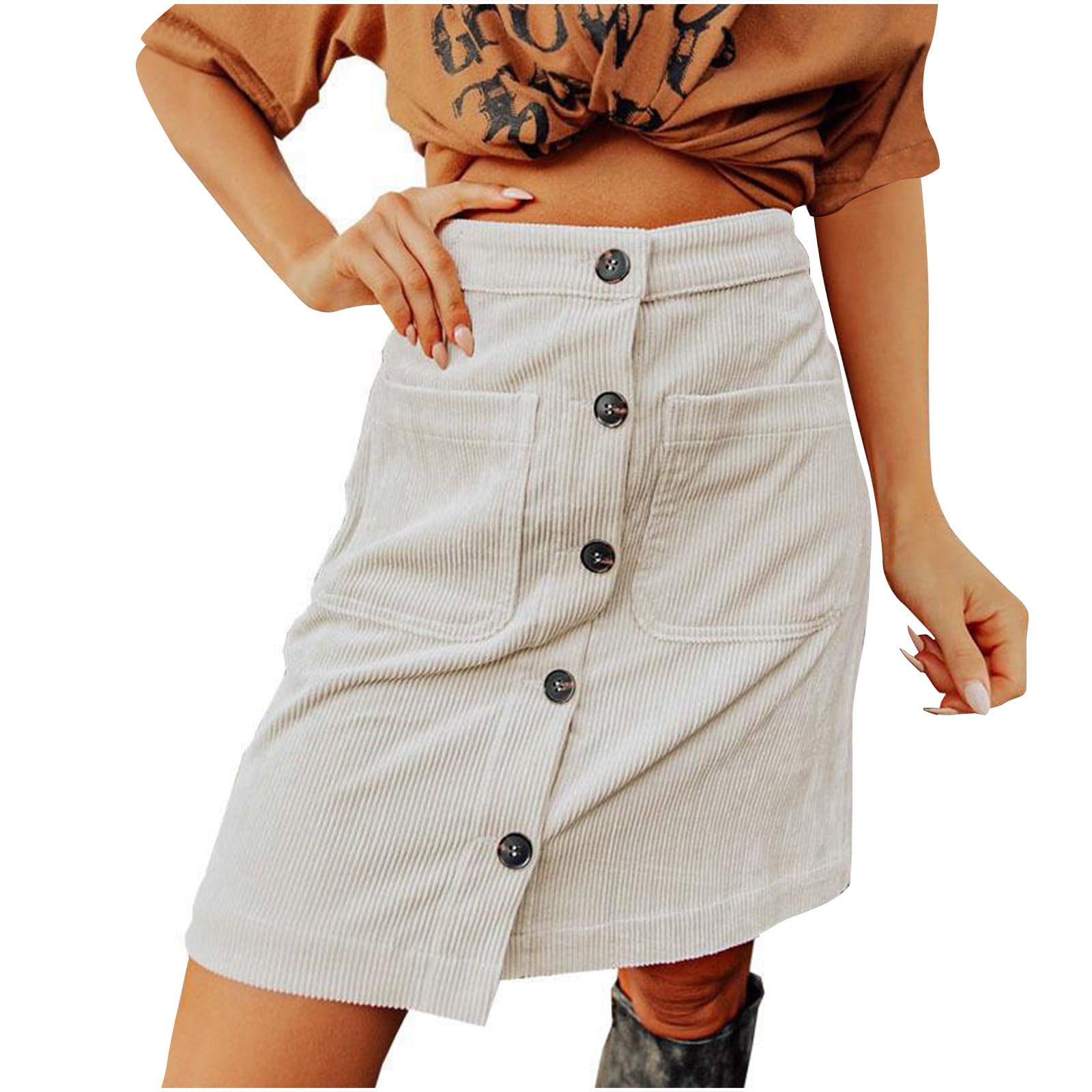 Corduroy Skirts for Womens Casual Versatile Elastic High Waisted Button ...