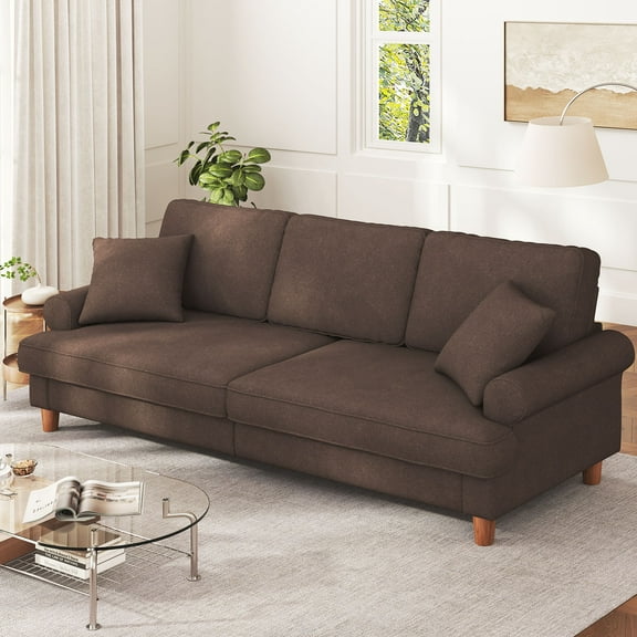 87" Sofa Couch, Comfy Extra Deep Seat 3 Seater Couch for Living Room with Soft Upholstered Round Arms,Free 2 Pillows,Brown