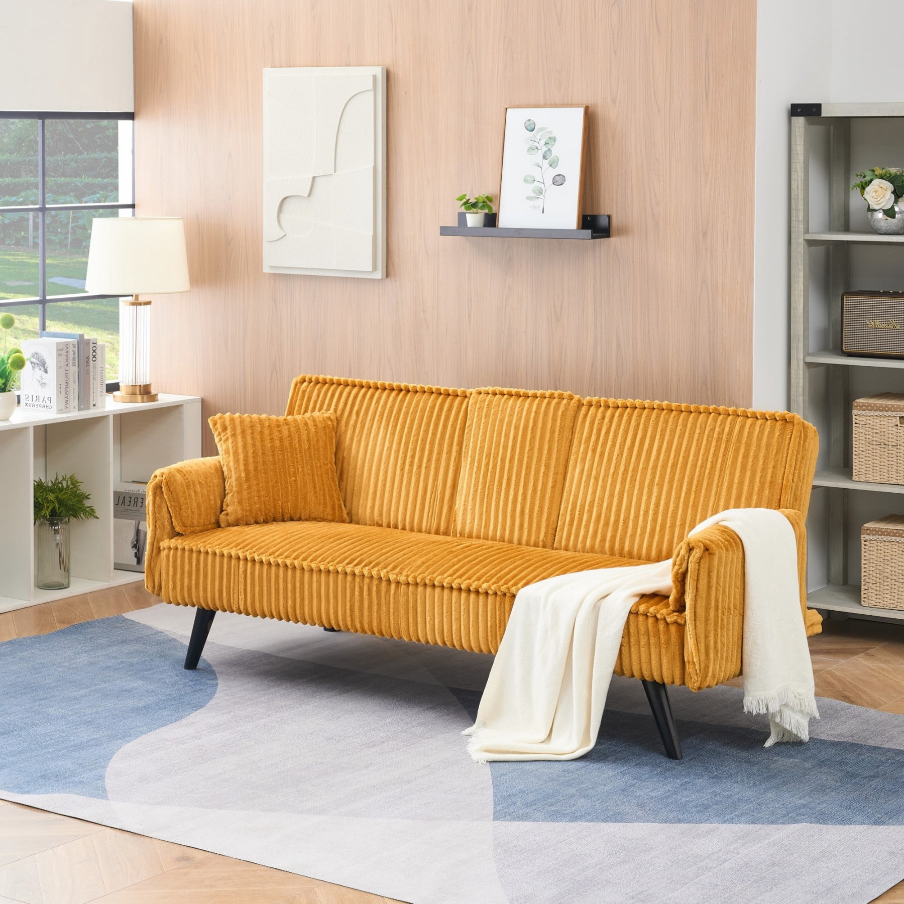 Corduroy Sofa Couch, Adjustable Modern Sleeper Sofa with Cup Holders for Living Room Bedroom Apartment, Orange