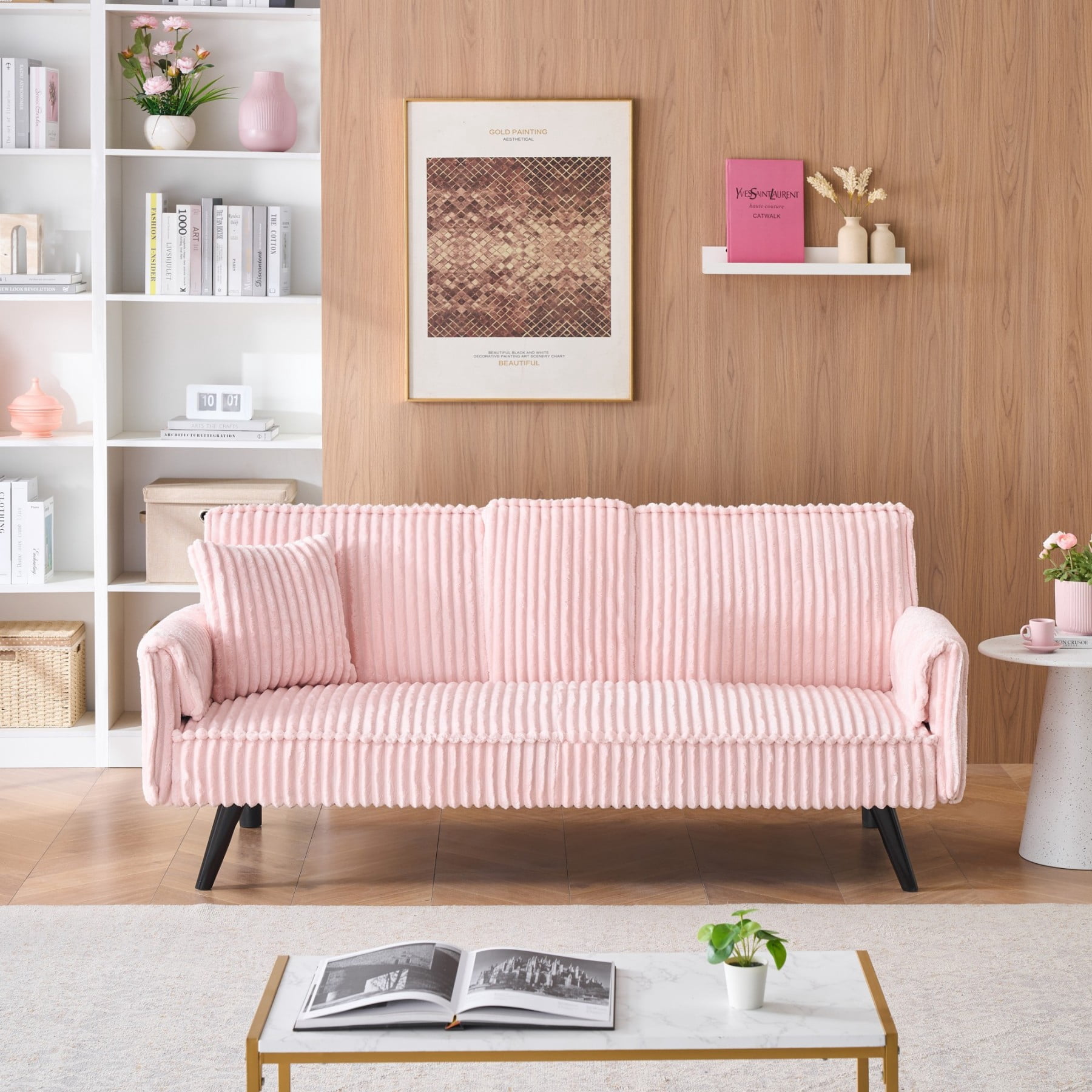 Corduroy Sofa Couch, Adjustable Modern Sleeper Sofa with Cup Holders for Living Room Bedroom Apartment, Pink