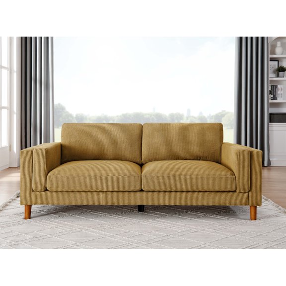 Corduroy Square Arm Sofa with Wooden Legs – Modern Upholstered Sofa for Living Room & Lounge
