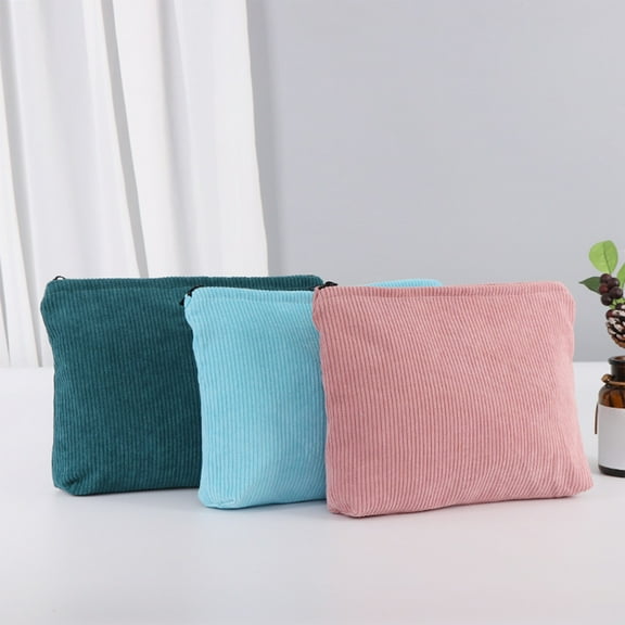 Corduroy Storage Bag Large Capacity Organizer | Zippered Cosmetic Pouch | Toiletry Makeup Holder | Embossed Texture | 18x26x5cm | Pink Green Blue | 1 Piece