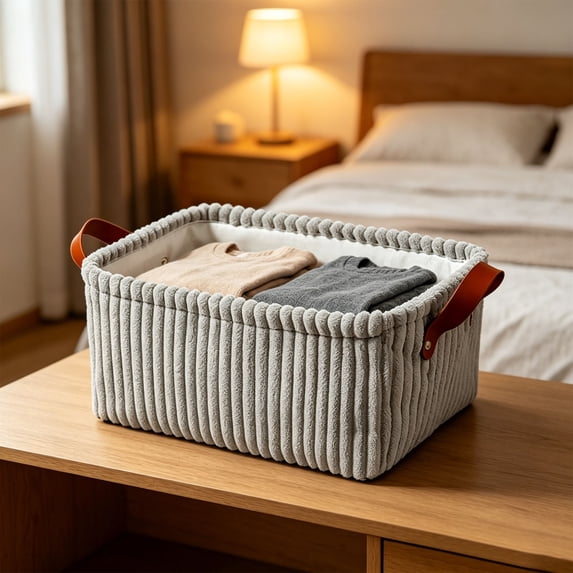 Corduroy Storage Basket Collapsible Storage Bin with Reinforced Handles Foldable Basket Organizer for Kids Toys Clothes Closet