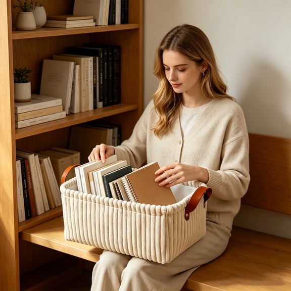 Corduroy Storage Basket, Fabric Organizer Bin With Handles, Foldable Storage Container, Large Capacity Home Organizer For Clothes Toys Cosmetics Books And Accessories