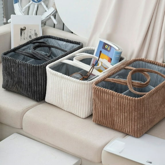 Corduroy Storage Basket | Large Fabric Organizer Bin White Brown Gray | Compartment Wet Bag | Foldable Durable Soft Material | 14.96 x 10.24 x 7.09 in | 1 pc