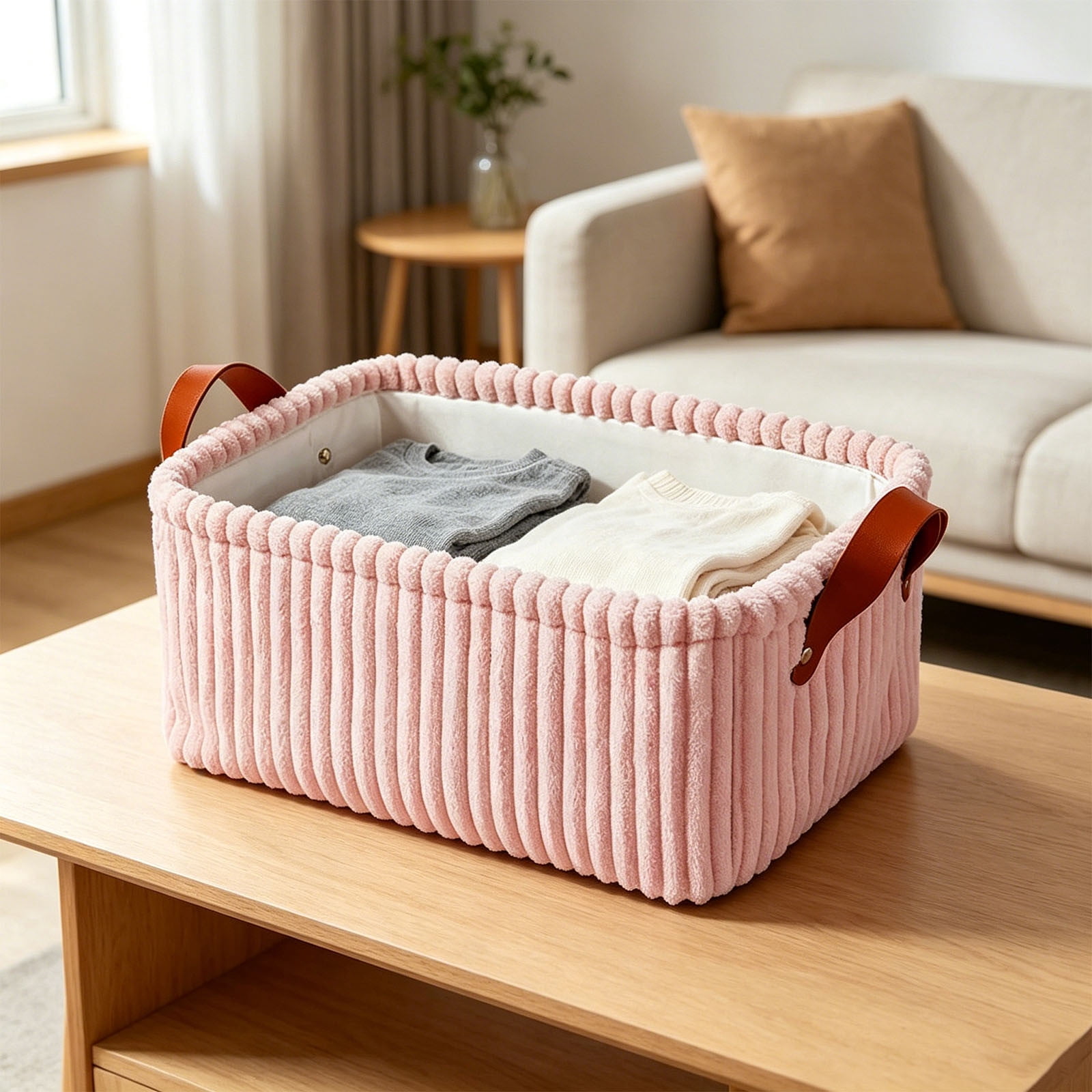 Corduroy Storage Basket Leather Handle Organizer Bin • Soft Fabric