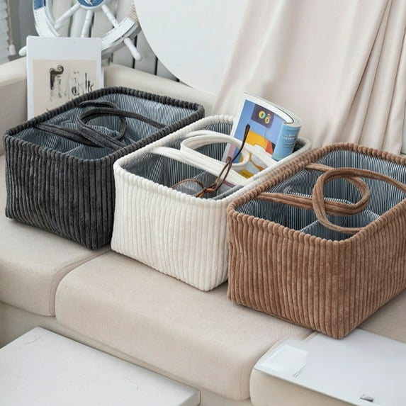 Corduroy Storage Basket | Soft Durable Organizer Bin for Clothes Toys Books | Foldable Home Storage Container | 1 Pack 14.96 x 10.24 x 7.09 Inch | White Brown Gray
