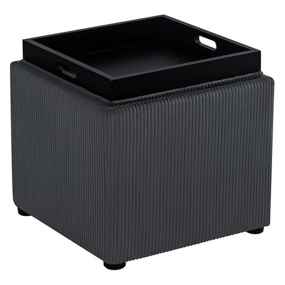 Corduroy Storage Ottoman with Tray, 17.7'' Cube Foot Rest Stool - Dark Gray