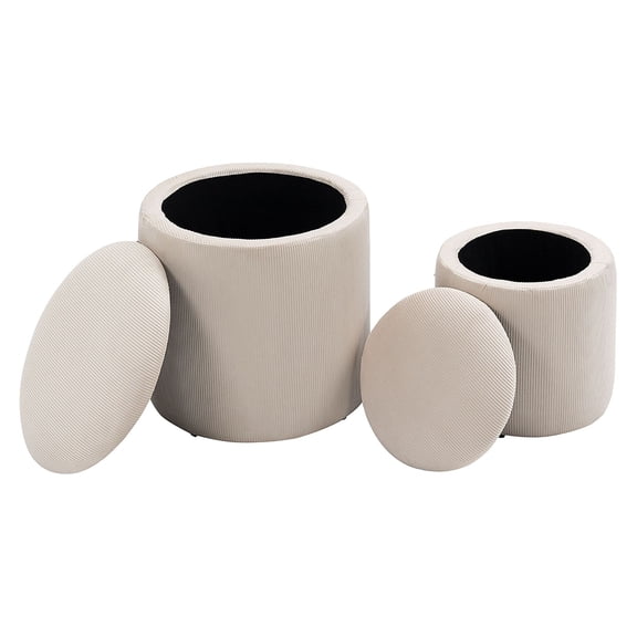 Corduroy Storage Ottomans Set of 2, Cream White, Nesting Stools with Removable Lid, Living Room Footrest, 15.7" & 11.8" Dia