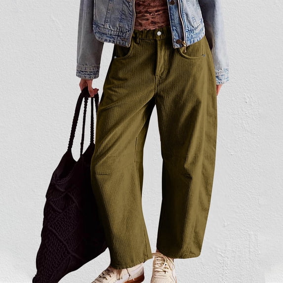 Corduroy Straight Leg Pants Women Fashion Lounge Long Trousers Plain Loose Elastic Waist Comfy Slacks with Pockets Autumn Winter Trendy Casual Clothing Streetwear & Loungewear