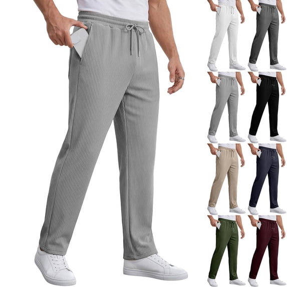Corduroy Straight Leg Pants for Men Wide Leg Relaxed Fit Striped Drawstring Spring Fall Travel Trousers