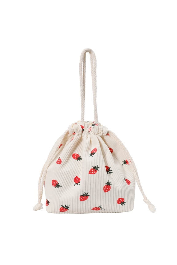 Corduroy Strawberry Bucket Bag Drawstring Closure Casual Tote Bag Chic Hobo Bag for Women Everyday College Travel (White)