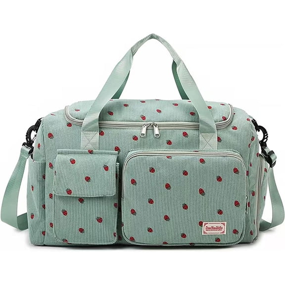 Corduroy Strawberry Large Sports Bag with Wet Pockect & Shoe Compartment Travel Duffle Bag Carry On Weekender Bag for Women Girls Sports & Travel (Green)