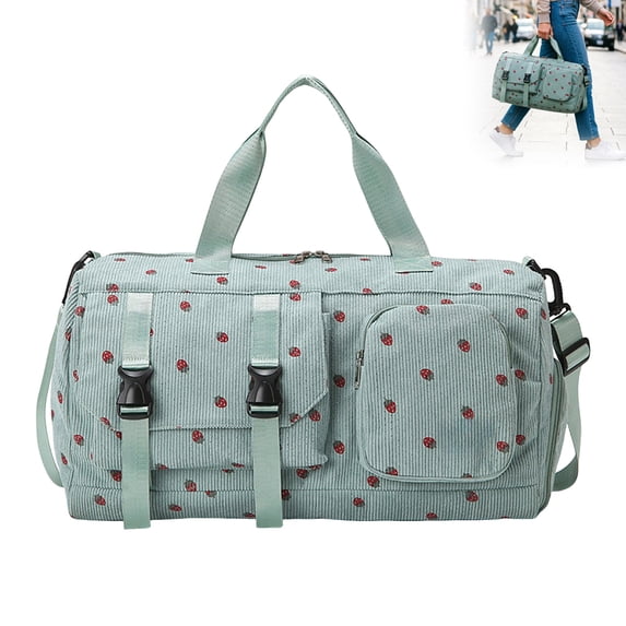 Corduroy Strawberry Travel Duffel Bag for Women Girls Large Weekender Bag with Shoe Compartment Wet Pocket Foldable Overnight Dance Gym Sports Bag (Blue)
