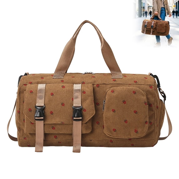 Corduroy Strawberry Travel Duffel Bag for Women Girls Large Weekender Bag with Shoe Compartment Wet Pocket Foldable Overnight Dance Gym Sports Bag (Brown)