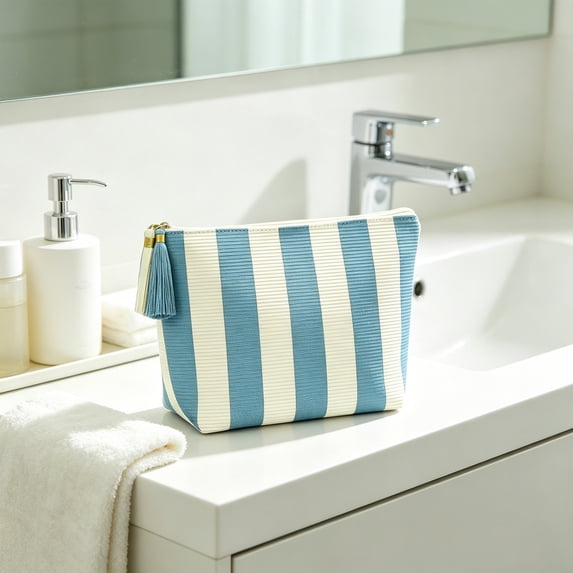Corduroy Striped Cosmetic Storage Bag, Contrasting Stripe Design Organizer, Travel Portable Toiletry Pouch for Commuting, Everyday Home Organizational, 3.54" x 7.28" x 10.62", KTFgvq