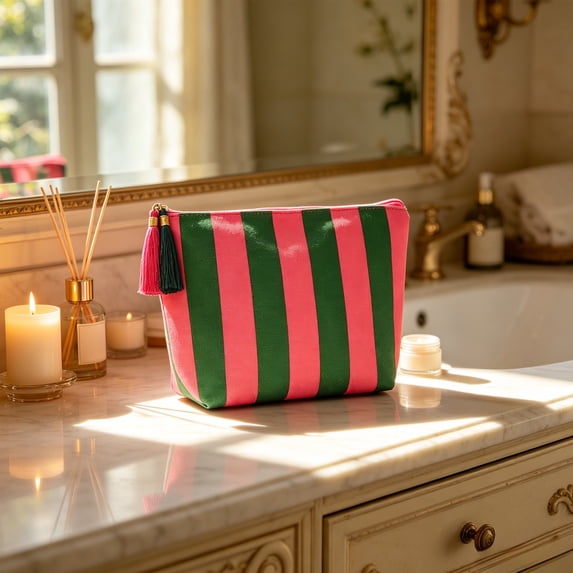 Corduroy Striped Cosmetic Storage Bag, Contrasting Stripe Design Organizer, Travel Portable Toiletry Pouch for Commuting, Everyday Home Organizational, 3.54" x 7.28" x 10.62", KTFgvq