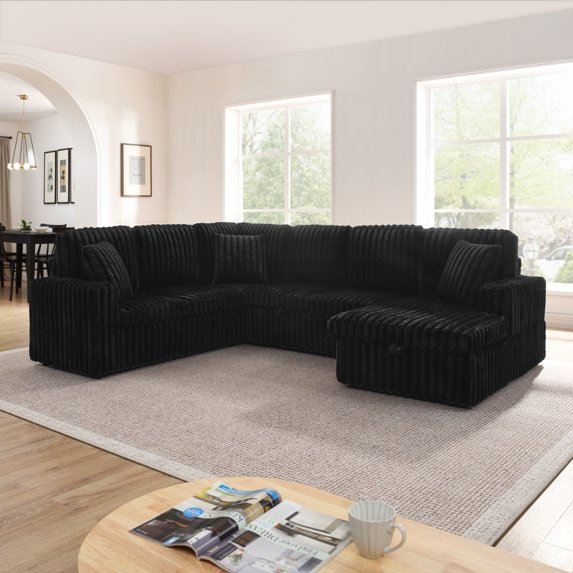 Corduroy Striped Upholstered Sofa with Pull Out Bed and Storage Chaise, Modern Minimalist U-Shaped Sectional Couch in Black for Small Spaces, Assembly Required
