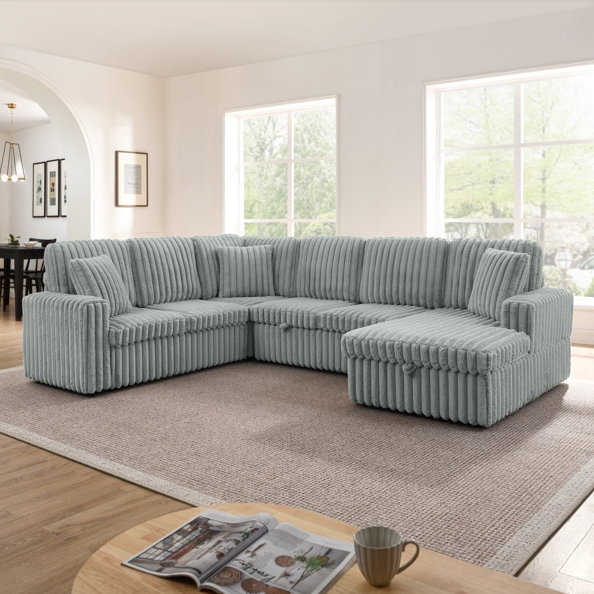 Small Space Soft Corduroy Striped Upholstered Sofa with Pull Out Bed and Storage Chaise ...