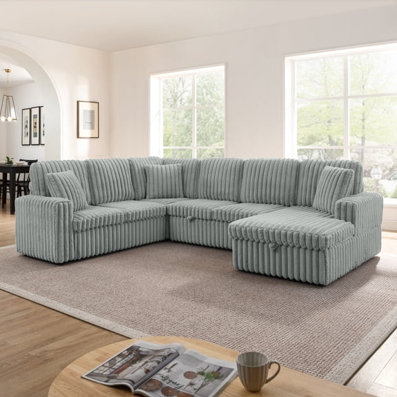 Corduroy Striped Upholstered Sofa with Pull Out Bed and Storage Chaise, Modern Minimalist U-Shaped Sectional Couch for Small Spaces, Soft Grey Fabric, Assembly Required