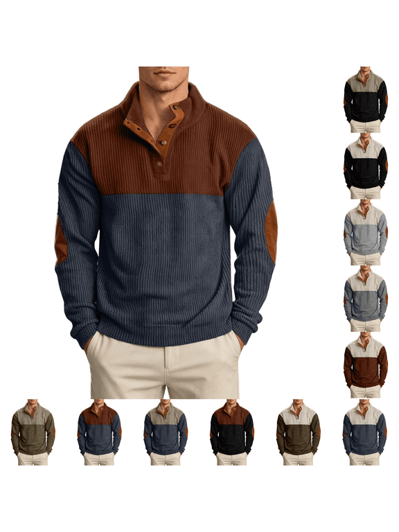Corduroy Sweatshirt Men Quarter Button Henley Pullover Color Block Long Sleeve Soft Shirt Elbow Patches Contrast Trim Going Out Tops