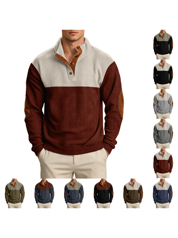 Corduroy Sweatshirt Men Quarter Button Henley Pullover Color Block Long Sleeve Soft Shirt Elbow Patches Contrast Trim Going Out Tops