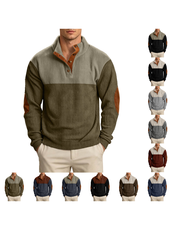Corduroy Sweatshirt Men Quarter Button Henley Pullover Color Block Long Sleeve Soft Shirt Elbow Patches Contrast Trim Going Out Tops